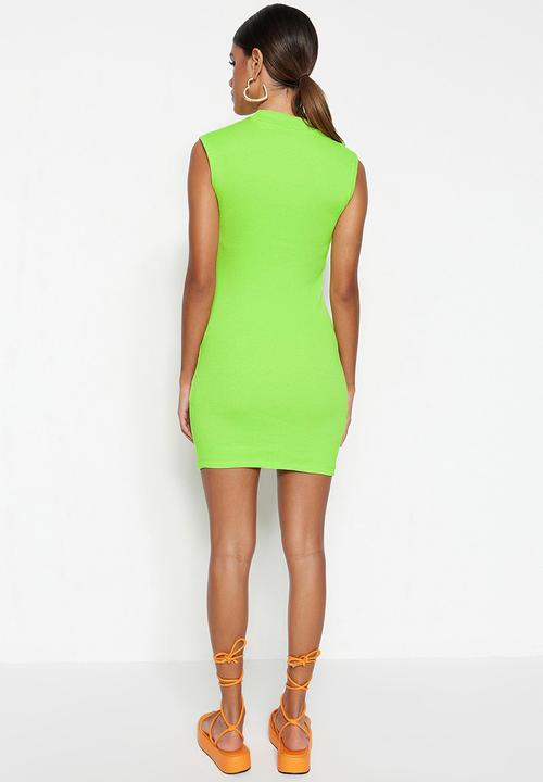 Trendyol - Sleeveless Crew Neck Mini Knit Dress - Lime
