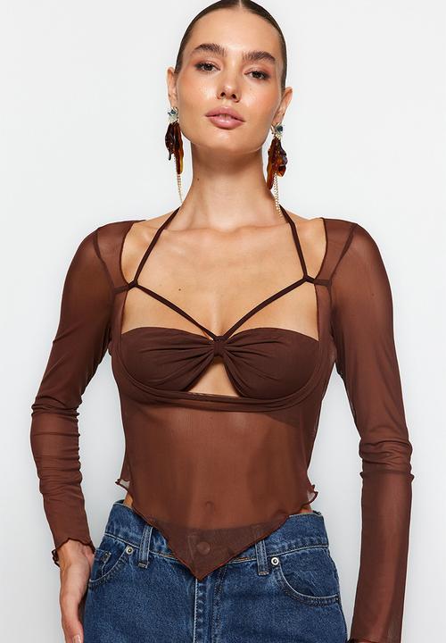 Trendyol - Cut out/window detail tulle blouse - brown