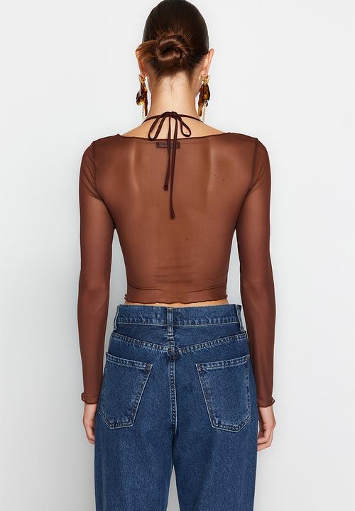 Trendyol - Cut out/window detail tulle blouse - brown