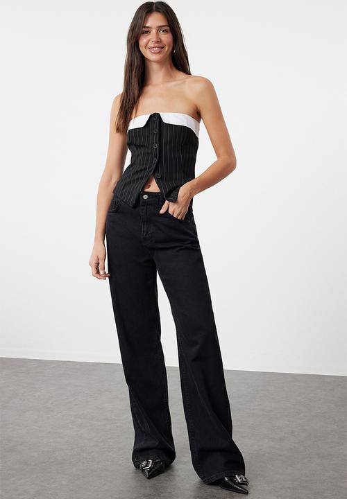 Trendyol - Striped strapless buttoned fitted stretchy knitted top - black