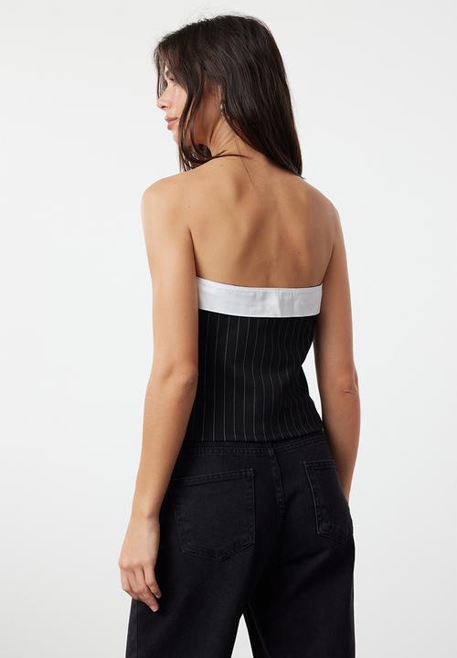 Trendyol - Striped strapless buttoned fitted stretchy knitted top - black