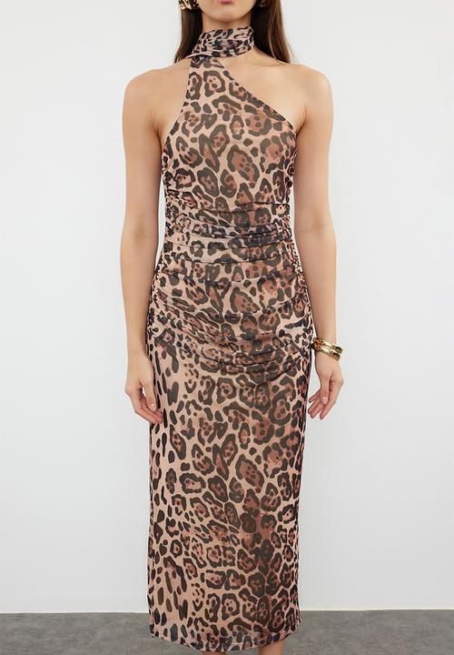 Trendyol - Leopard Print Halter Neck Fitted Tulle Knitted Midi Pencil Dress - Brown
