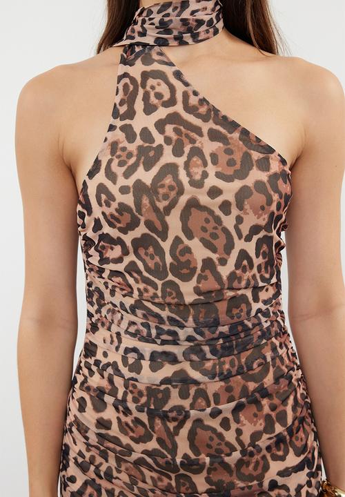 Trendyol - Leopard Print Halter Neck Fitted Tulle Knitted Midi Pencil Dress - Brown