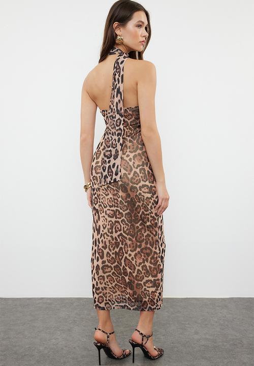Trendyol - Leopard Print Halter Neck Fitted Tulle Knitted Midi Pencil Dress - Brown