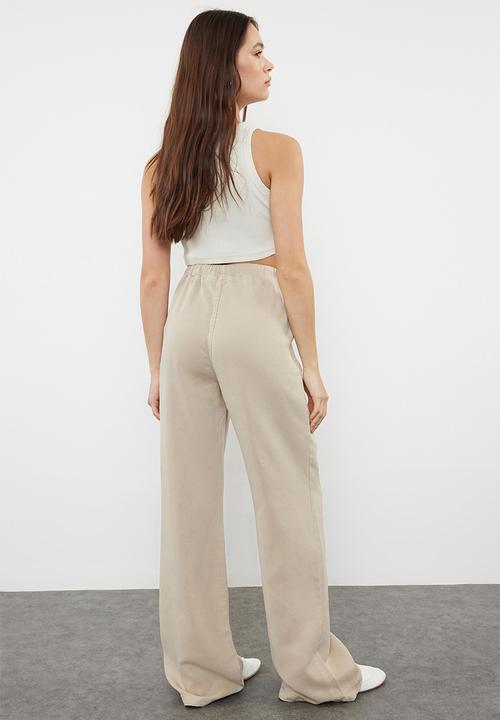 Trendyol - High Waist Pants with Elastic Waist - Beige