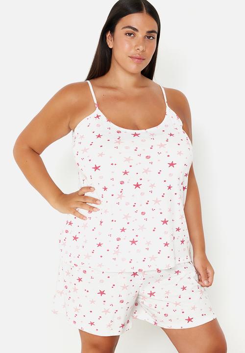 Trendyol - Plus Starfish Strap Knitted Pajama Set - Pink & White