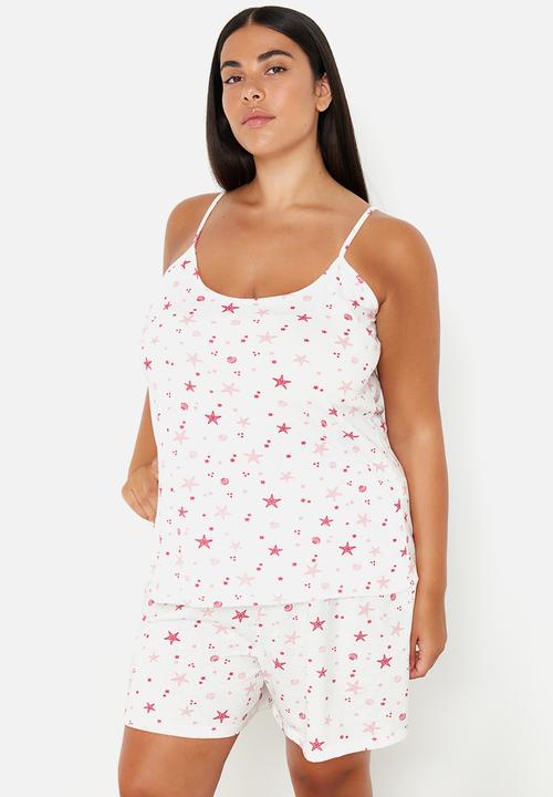 Trendyol - Plus Starfish Strap Knitted Pajama Set - Pink & White