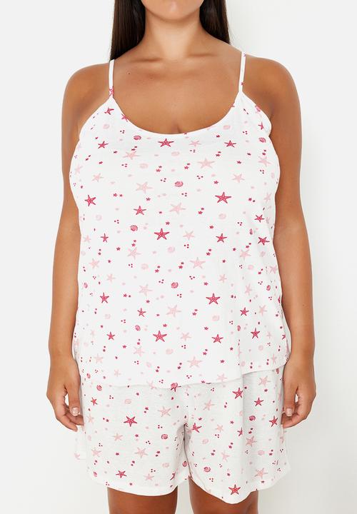 Trendyol - Plus Starfish Strap Knitted Pajama Set - Pink & White