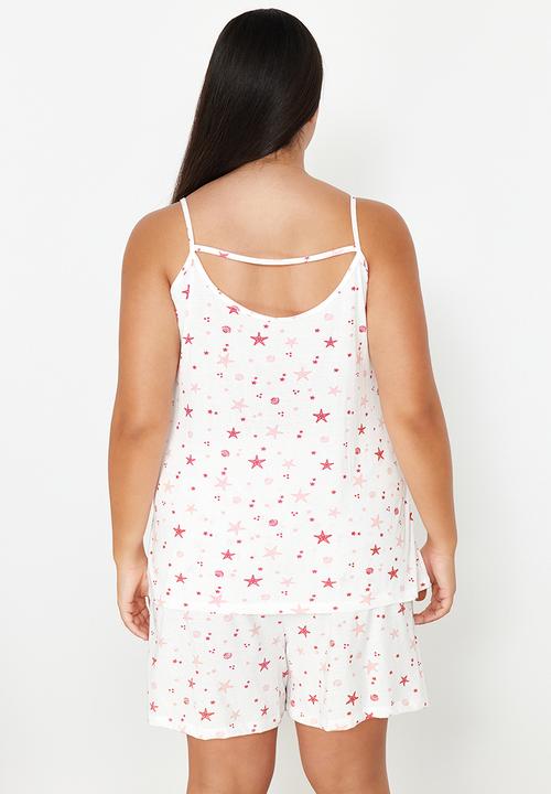 Trendyol - Plus Starfish Strap Knitted Pajama Set - Pink & White