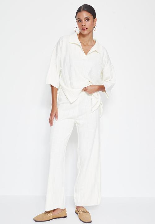 Trendyol - Basic Corded Knitwear Top and Bottom Set - Ecru