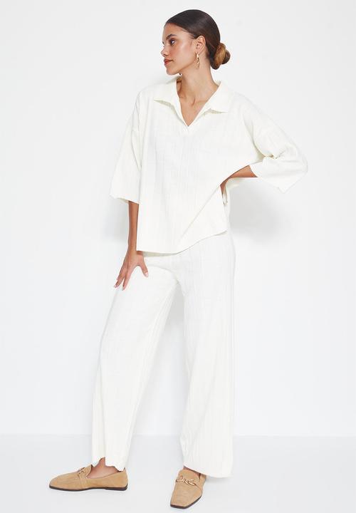 Trendyol - Basic Corded Knitwear Top and Bottom Set - Ecru