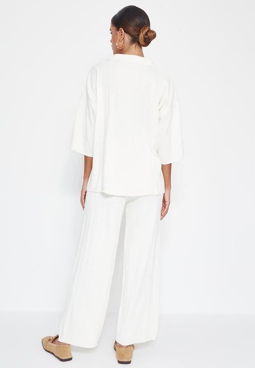 Trendyol - Basic Corded Knitwear Top and Bottom Set - Ecru