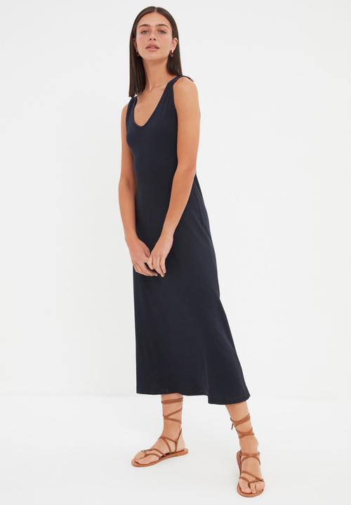 Trendyol - Ribbed A-Line Midi Dress - Navy