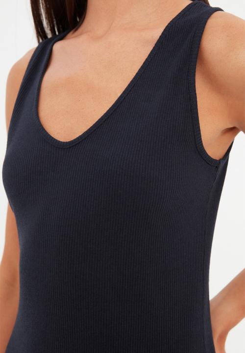 Trendyol - Ribbed A-Line Midi Dress - Navy