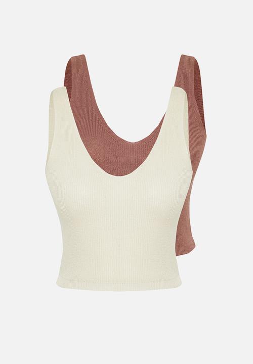 Trendyol - 2-Pack Knitwear Thin Blouse - Dusty Rose/Ecru
