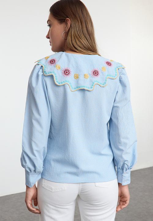 Trendyol - Embroidery Detailed Balloon Sleeve Woven Shirt - Blue