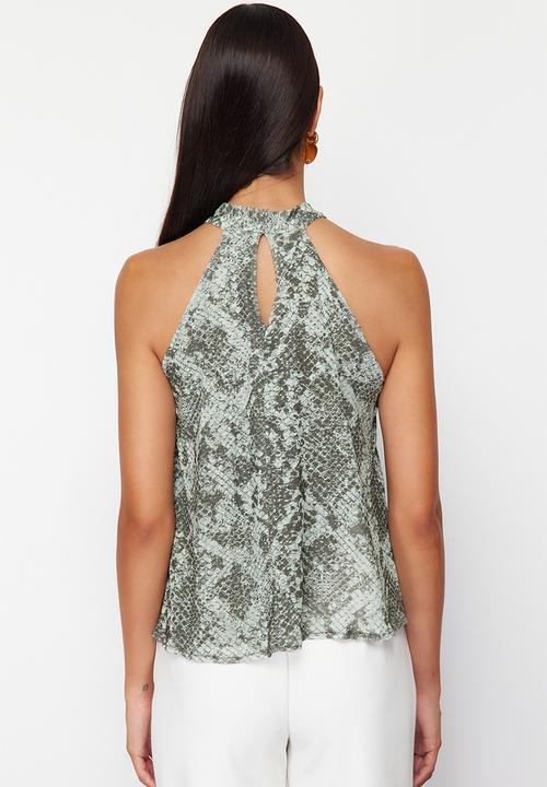 Trendyol - Snake Printed Blouse with Tie - Khaki