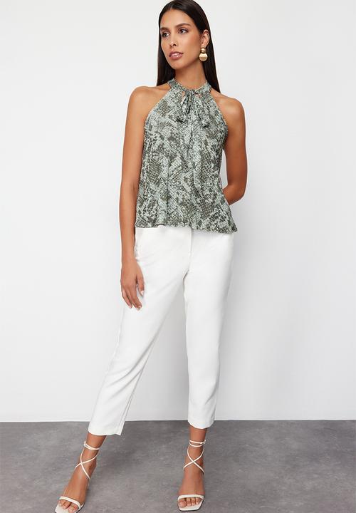 Trendyol - Snake Printed Blouse with Tie - Khaki