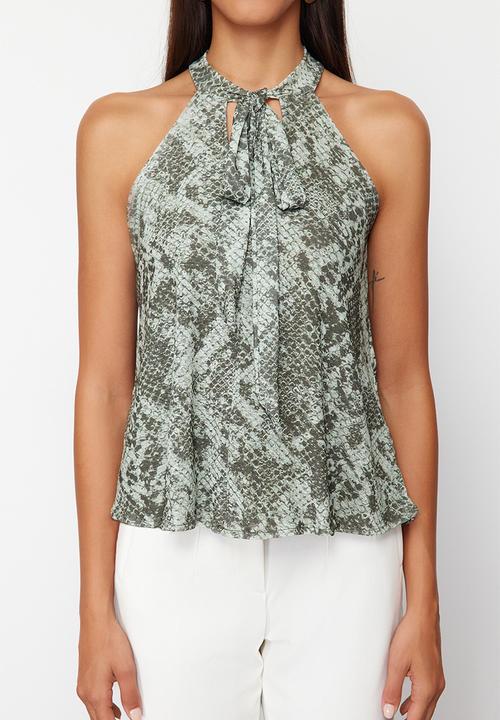 Trendyol - Snake Printed Blouse with Tie - Khaki