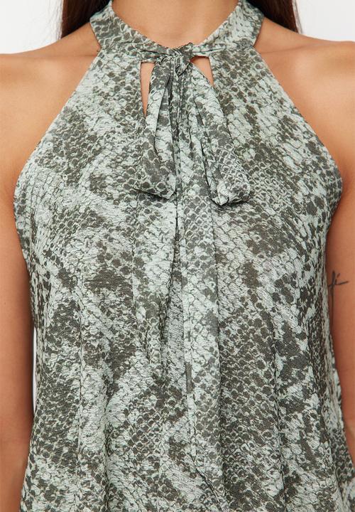 Trendyol - Snake Printed Blouse with Tie - Khaki