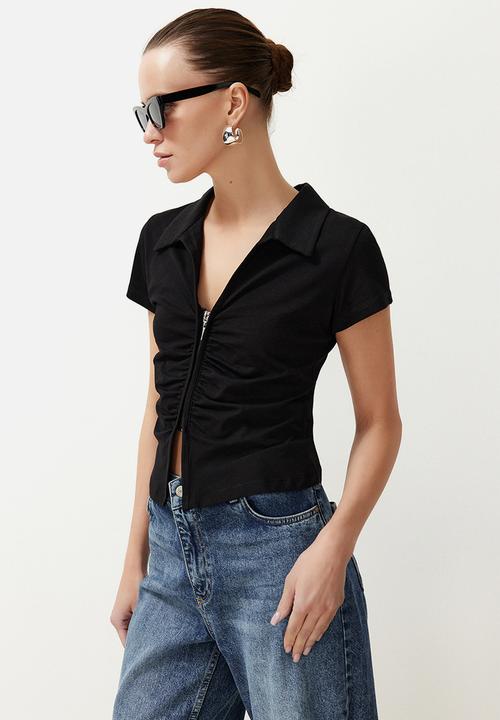 Trendyol - Polo neck gathered zippered top - black
