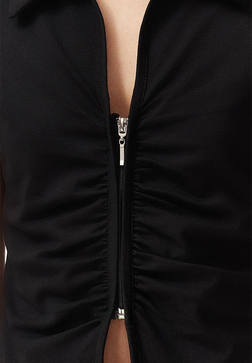 Trendyol - Polo neck gathered zippered top - black