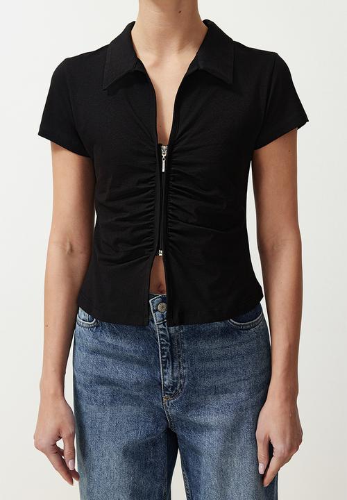 Trendyol - Polo neck gathered zippered top - black