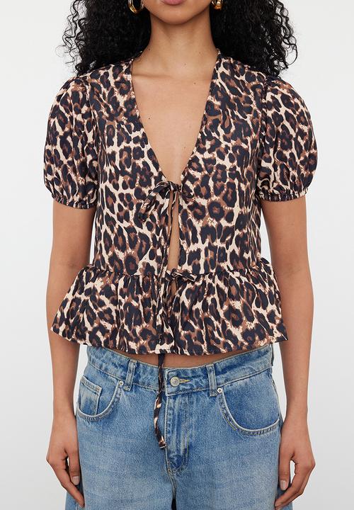 Trendyol - Leopard Tie-Up Shirt - Brown