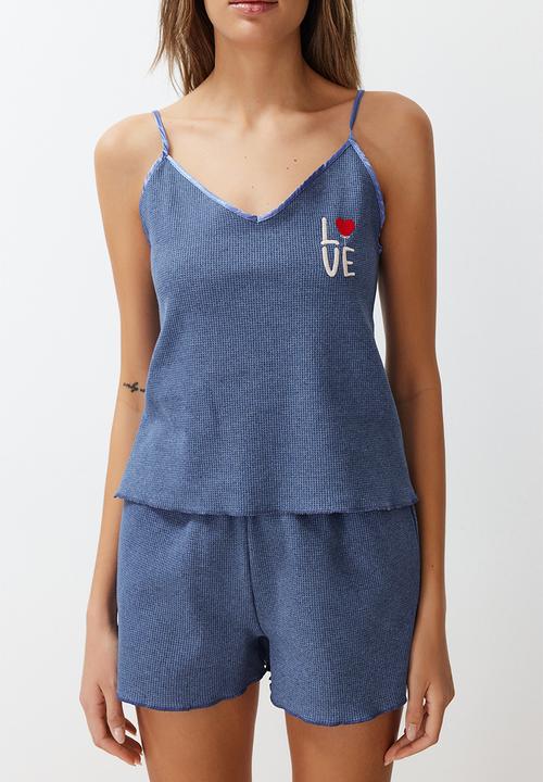 Trendyol - Textured Embroidered Rope Strap Knitted Pajama Set - Blue