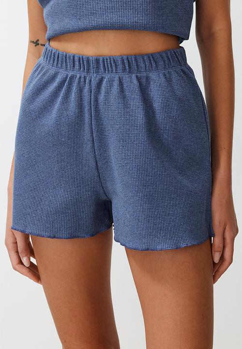 Trendyol - Textured Embroidered Rope Strap Knitted Pajama Set - Blue