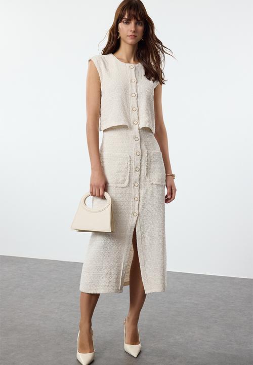 Trendyol - Button Detailed Woven Tweed Jacket Dress - Ecru