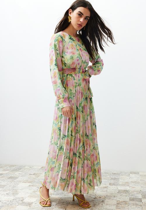 Trendyol - Floral Pleated Chiffon Dress - Light Green