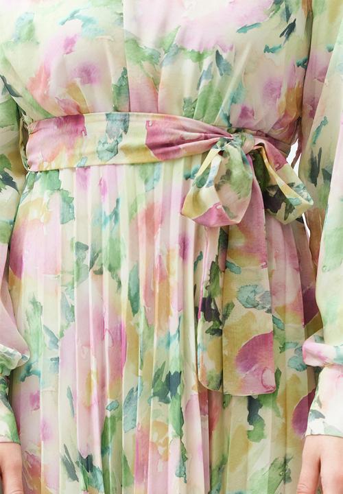 Trendyol - Floral Pleated Chiffon Dress - Light Green