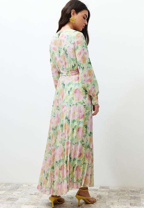 Trendyol - Floral Pleated Chiffon Dress - Light Green