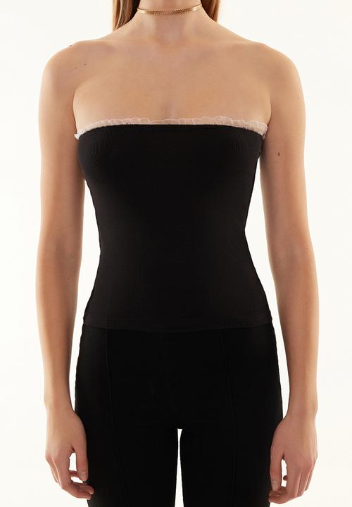 Trendyol - Ribbed strapless collar woven top - black