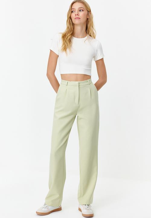 Trendyol - Straight Fit Pleated Woven Trousers - Mint