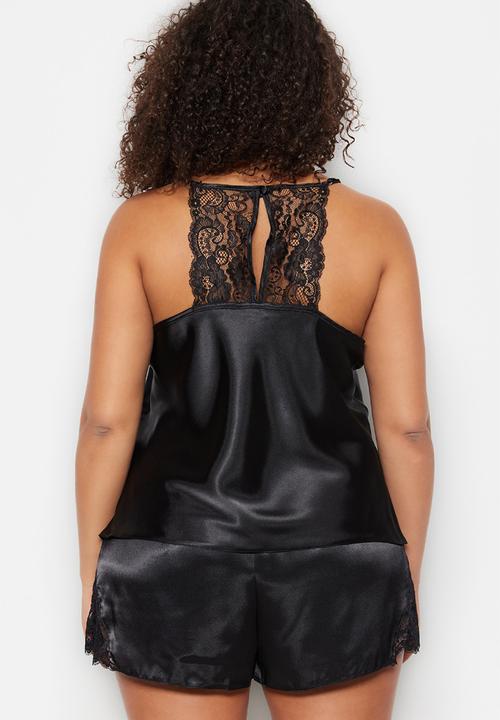 Trendyol - Plus Lace detailed satin pajama set - black