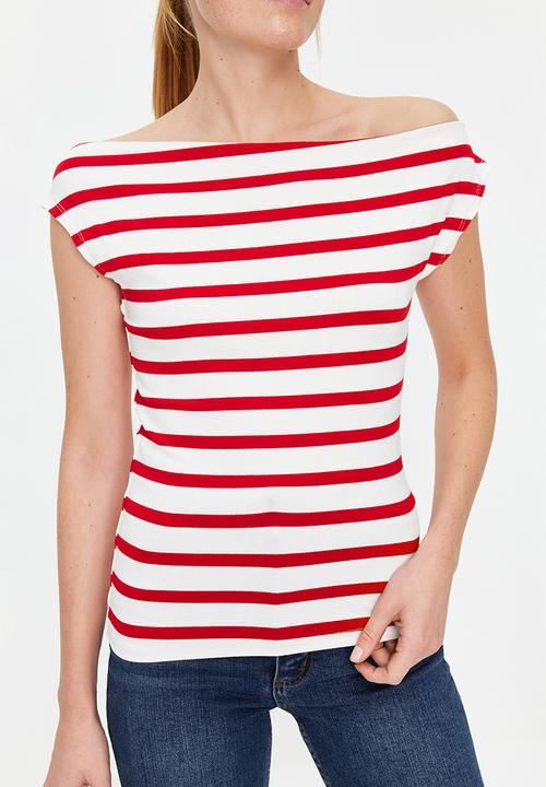 Trendyol - Boat Neck Stretch Knit Blouse - Red & White 