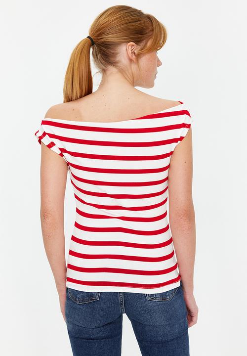 Trendyol - Boat Neck Stretch Knit Blouse - Red & White 