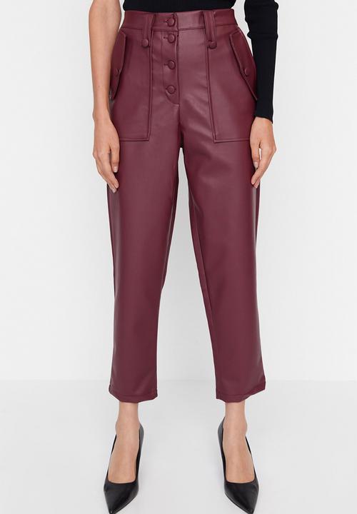 Trendyol - Limited Edition Carrot Woven Front Button Faux Leather Trousers - Plum
