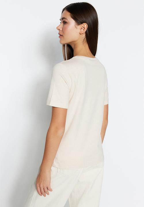 Trendyol - 100% Cotton Crew Neck T-Shirt - Light Beige