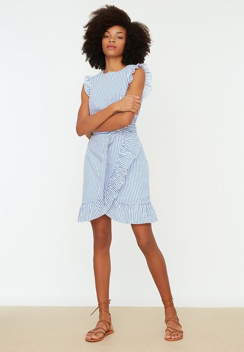 Trendyol - Belted A-line Striped Mini Dress - Blue