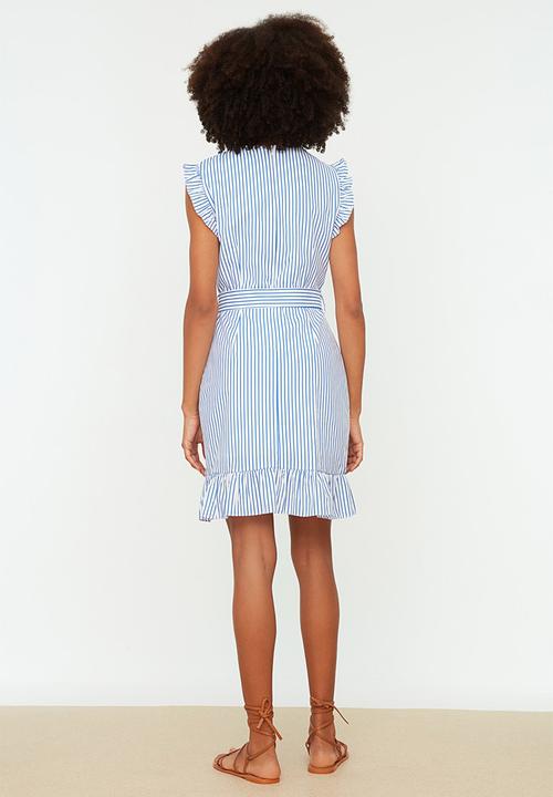 Trendyol - Belted A-line Striped Mini Dress - Blue