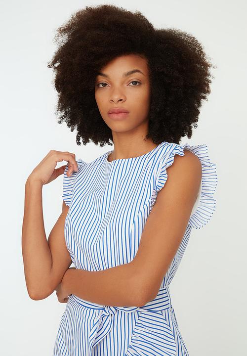 Trendyol - Belted A-line Striped Mini Dress - Blue