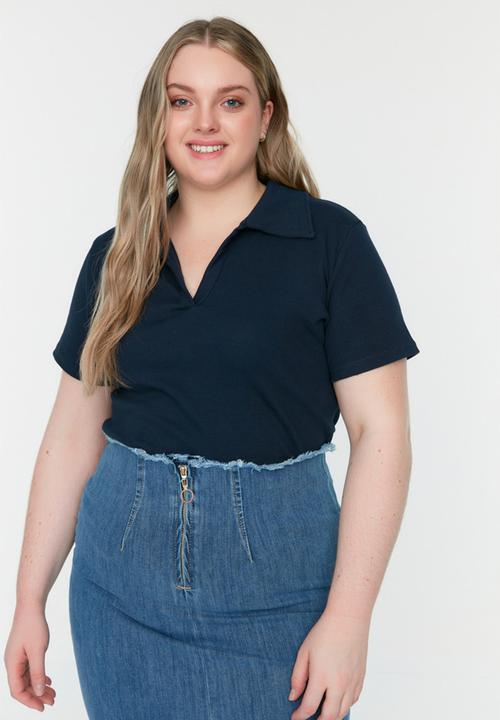 Trendyol - Plus Ribbed Blouse - Navy Blue