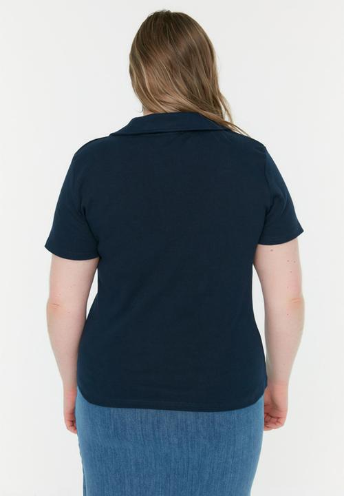 Trendyol - Plus Ribbed Blouse - Navy Blue