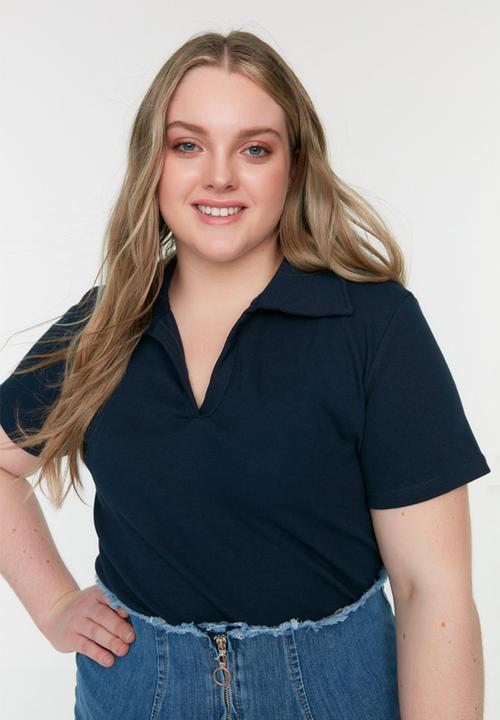 Trendyol - Plus Ribbed Blouse - Navy Blue