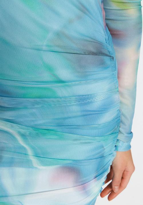 Trendyol - Patterned Draped Maxi Tulle Pencil Dress - Blue