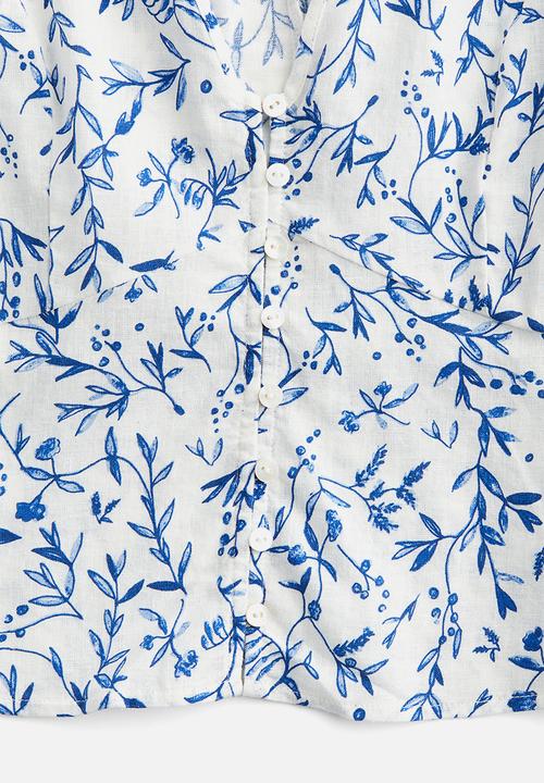 H&M - Linen-blend blouse - white blue floral 