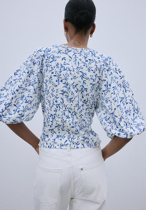 H&M - Linen-blend blouse - white blue floral 
